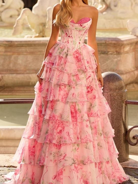 Dresses & Skirts - Strapless Pink Floral Tiered Ruffle Gown